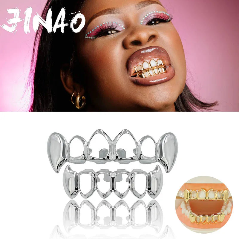 JINAO NEW 2024 Hip Hop Vampire fangs Teeth Set Grillz Men Women Top&Bottom Grill Punk Rapper Halloween FLame Cosplay